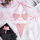 Women's Pu Leather Heart Print Lace-Up Patchwork Sexy Lingerie Set