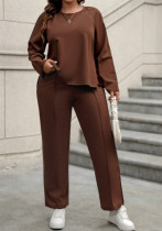 Solid Color Long Sleeve Loose Plus Size Two Piece Pants Set
