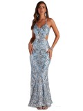 Women sexy V neck sequined elegant Formal Party Evening Dress