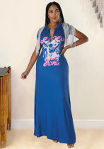 Women Autumn Printed Hip Hop Street Tassel Short Sleeve Pocket Maxi Dress