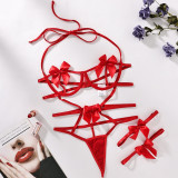 Women Lace Halter Neck Suspender Underwire Gathered Lace-Up Bow Hollow Sexy Lingerie Two-piece Set