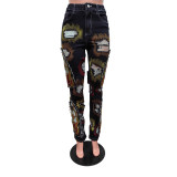 Women Embroidered Stretch Ripped Denim Pants