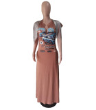 Women Autumn Printed Hip Hop Street Tassel Short Sleeve Pocket Maxi Dress