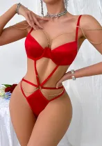 Women lace Lace-Up Patchwork Metal Chain Decorated Hollow Backless Jumpsuit Sexy Lingerie