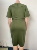 Plus Size Women Slit Turndown Collar Solid Dress