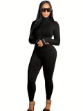 Women Turtleneck Ribbed Embroidered Letter Zip Sport Two-Piece Set