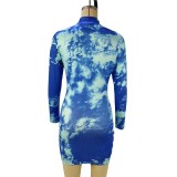 Women Spring Summer Print Stand Collar Long Sleeve Bodycon Dress
