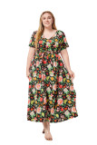 Plus Size Women Summer V Neck Short Sleeve Printed Bohemian Dress
