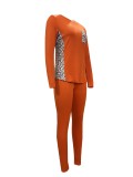 Women Leopard Patchwork Casual Round Neck Top and Pants Two-piece Set