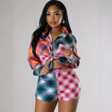 Women contrast plaid print long-sleeved shirt and shorts two-piece set