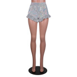 Women Pleated Ruffles Floral Mini Shorts