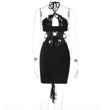 Women Summer Sexy Hollow Lace Ruffle Edge Backless Bodycon Dress