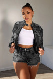 Women Denim Embroidered Cross Stretch Top and Shorts Two-piece Set