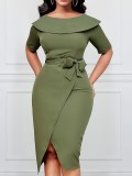 Plus Size Women Slit Turndown Collar Solid Dress