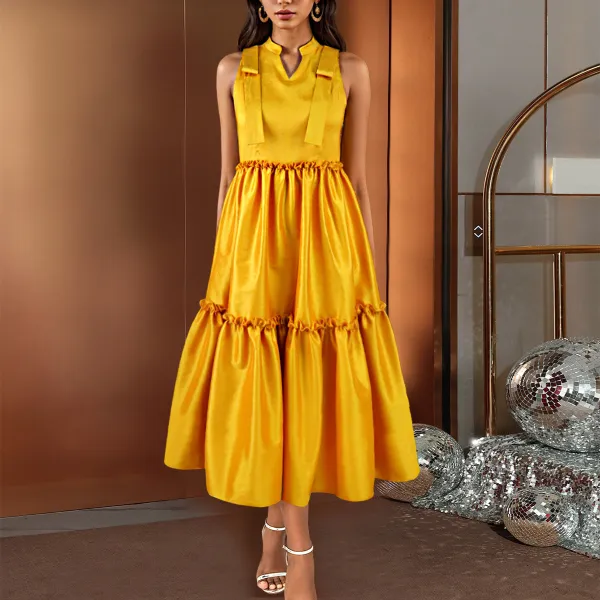 Women Spring Half Open Collar Sleeveless Pleated Dress