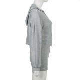 Women Solid knitting zipper Hoodies V neck Bra High Waist Shorts Casual Three-Piece
