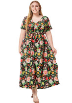 Plus Size Women Summer V Neck Short Sleeve Printed Bohemian Dress
