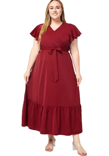 Plus Size Women Summer V Neck Short Sleeve Solid Dress