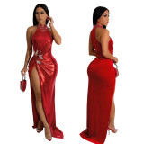 Women Sleeveless High Slit Solid Beaded Maxi Dress
