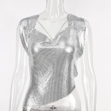 Women Irregular Sequin Vest Metal Chain Backless Top
