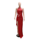 Women Sleeveless High Slit Solid Beaded Maxi Dress