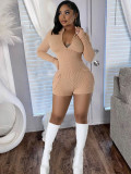 Autumn and Spring Ribbed Sexy Pocket Tight Fitting Short Jumpsuit