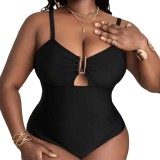 Solid Color Deep V Sexy Hollow Plus Size One-piece Swimsuit