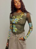 spring and summer Floral printed long-sleeved mesh Top