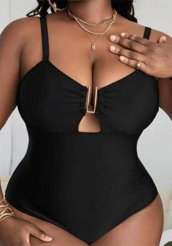 Solid Color Deep V Sexy Hollow Plus Size One-piece Swimsuit