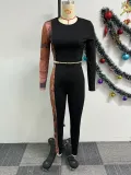 Sexy Printed Patchwork Contrast Slim Fit Long Sleeve Two-Piece pants Set