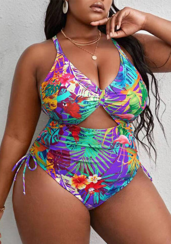 Plus Size Multicolor Print Hollow Crossover Lace-Up One-piece Swimsuit