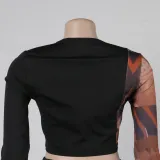 Sexy Printed Patchwork Contrast Slim Fit Long Sleeve Two-Piece pants Set
