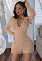 Autumn and Spring Ribbed Sexy Pocket Tight Fitting Short Jumpsuit