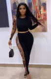 Sexy Printed Patchwork Contrast Slim Fit Long Sleeve Two-Piece pants Set