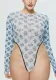 Women's Sexy Printed Mesh Long Sleeve Plus Size Bodysuit