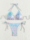 Sexy Bikini Mermaid Print Two Pieces Swimsuit Women's Halter Neck Beach Wear