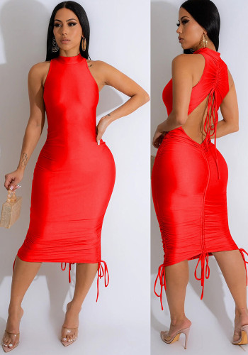 Women's Fashion Solid Color Sexy Sleeveless Low Back Pleated Drawstring Bodycon Dress