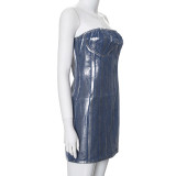 Women Summer Solid Sleeveless Strapless Off Shoulder Denim Shiny Dress