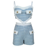 Women Houndstooth Sexy Crop Top and Shorts Two-piece Set