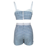 Women Houndstooth Sexy Crop Top and Shorts Two-piece Set