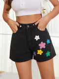 Women Colorful Floral Print Casual Black Denim Shorts