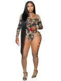 Women spring u-neck long-sleeved Bodysuits and high-waisted tights mesh printed two-piece set