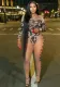 Women spring u-neck long-sleeved Bodysuits and high-waisted tights mesh printed two-piece set