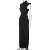 Women Spring Solid Stand Collar Sleeveless Hollow Casual Maxi Dress