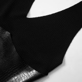 Women Spring Solid Pu-Leather Patchwork Irregular Sleeveless Halter Neck Dress