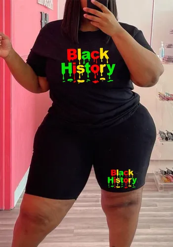 Plus Size Women Letter Printed Short Sleeve Top and Shorts Two-piece Set