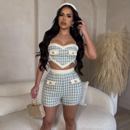 Women Houndstooth Sexy Crop Top and Shorts Two-piece Set