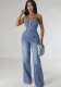 Women Suspender Washed Stretch Denim Jumpsuit
