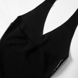 Women Spring Solid Pu-Leather Patchwork Irregular Sleeveless Halter Neck Dress