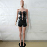Women Sexy Strapless Lace-Up PU-Leather Jumpsuit